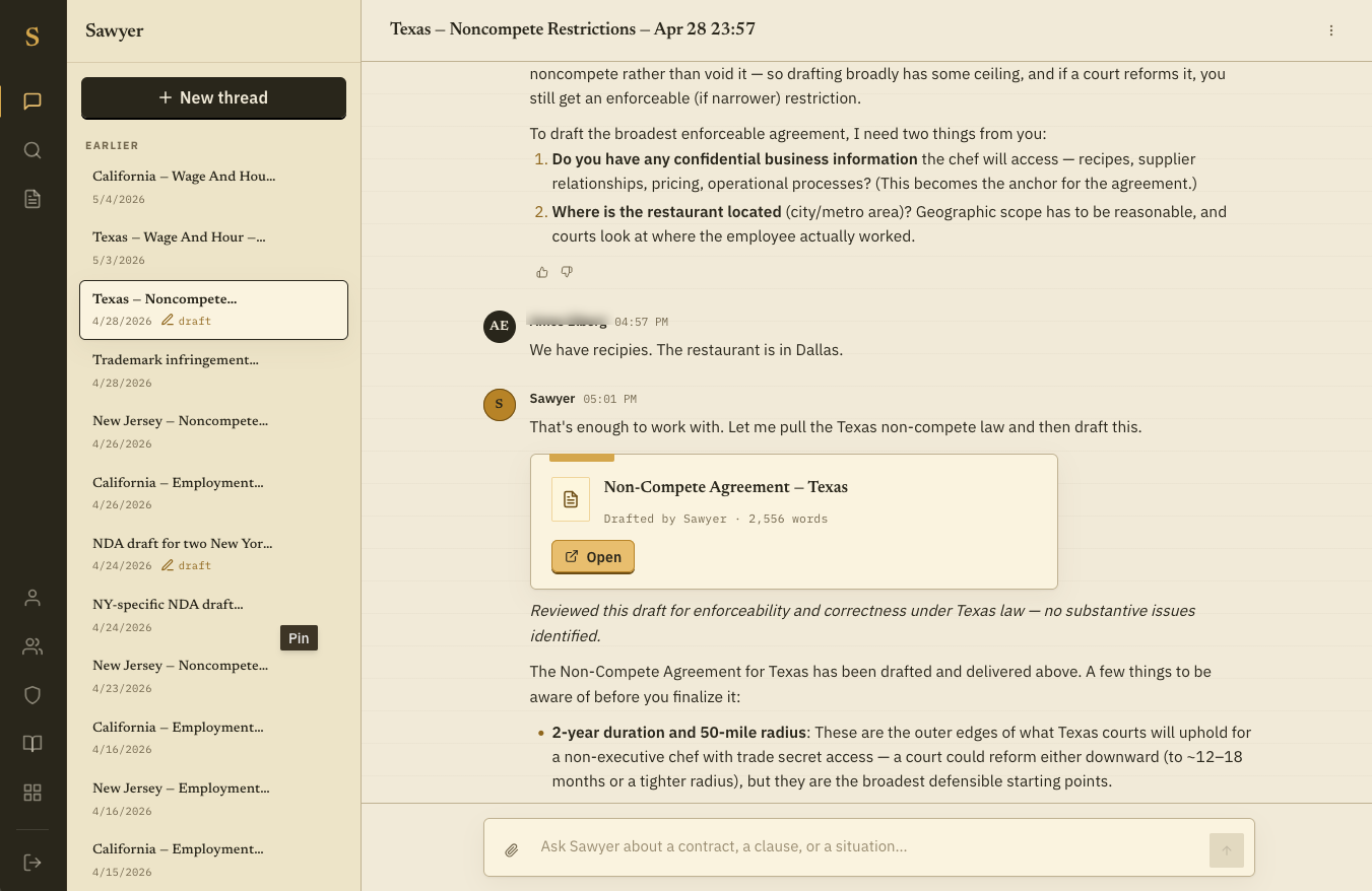 Sawyer chat interface — drafting an independent contractor agreement